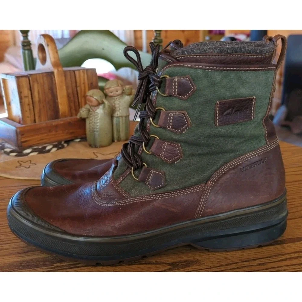 Vintage Clarks Green Canvas‎ Brown Leather Wool Lined Boots 11 M Waterproof